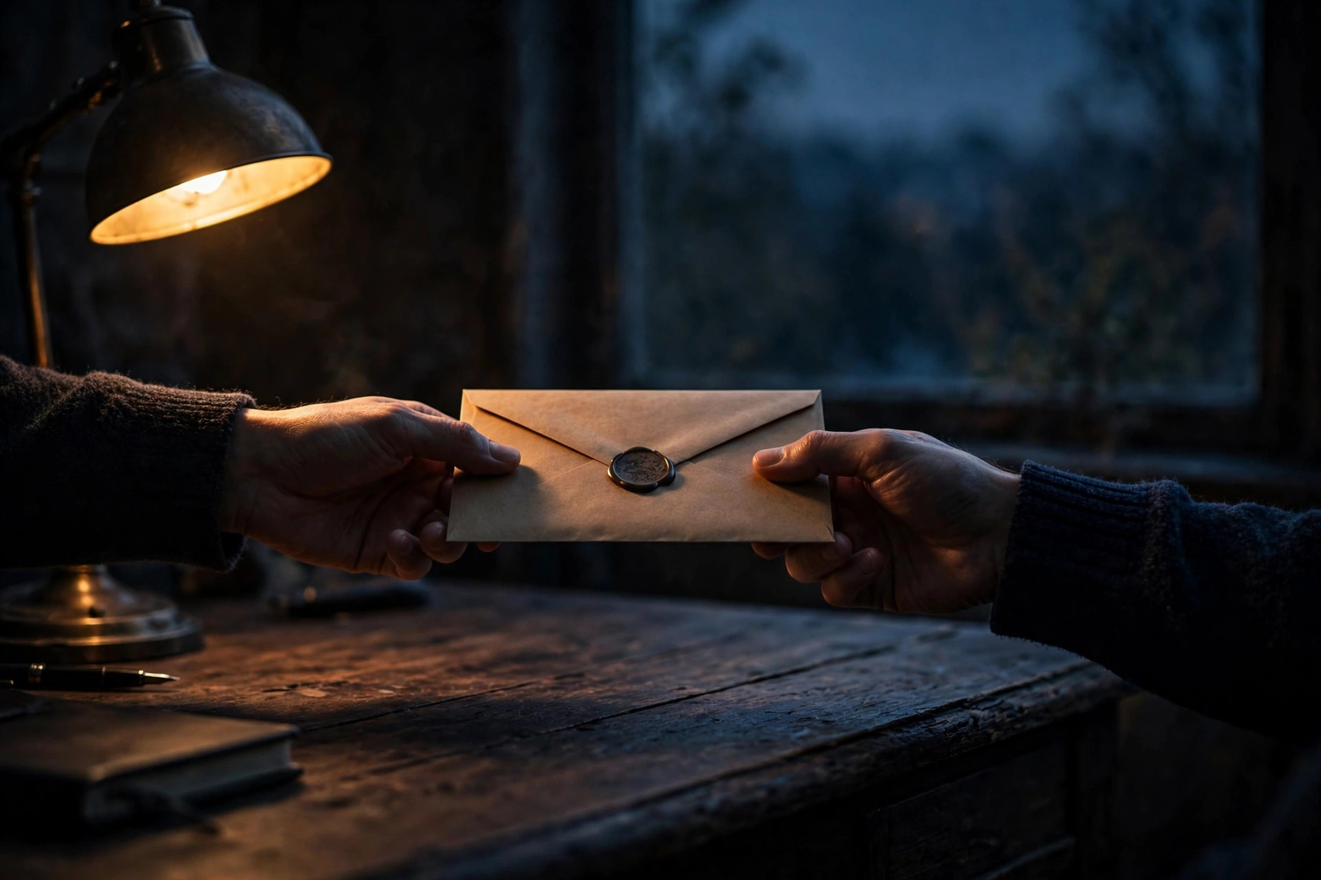 A sealed document envelope handed across a desk at dusk