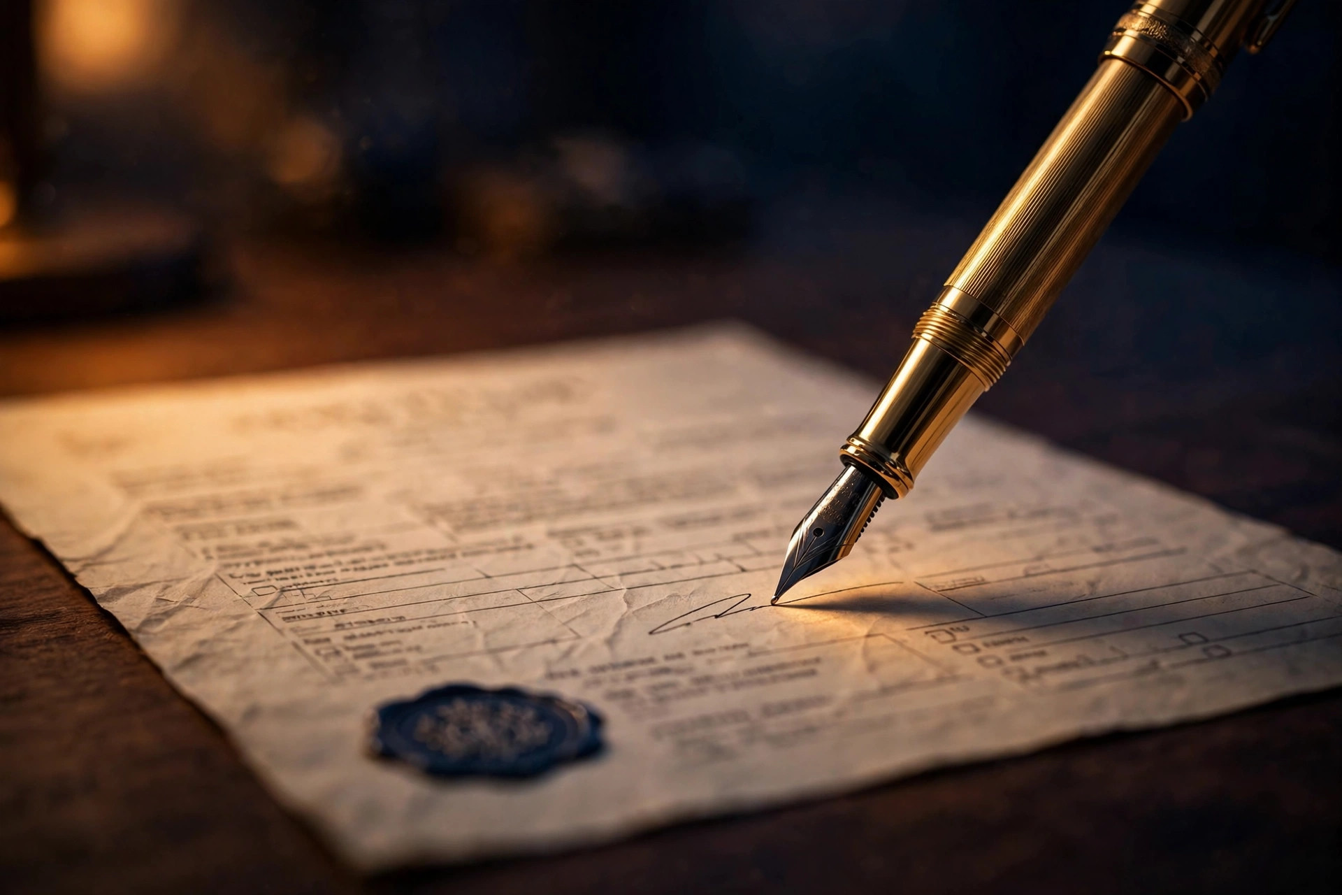 A fountain pen signing a legal document under warm lamplight