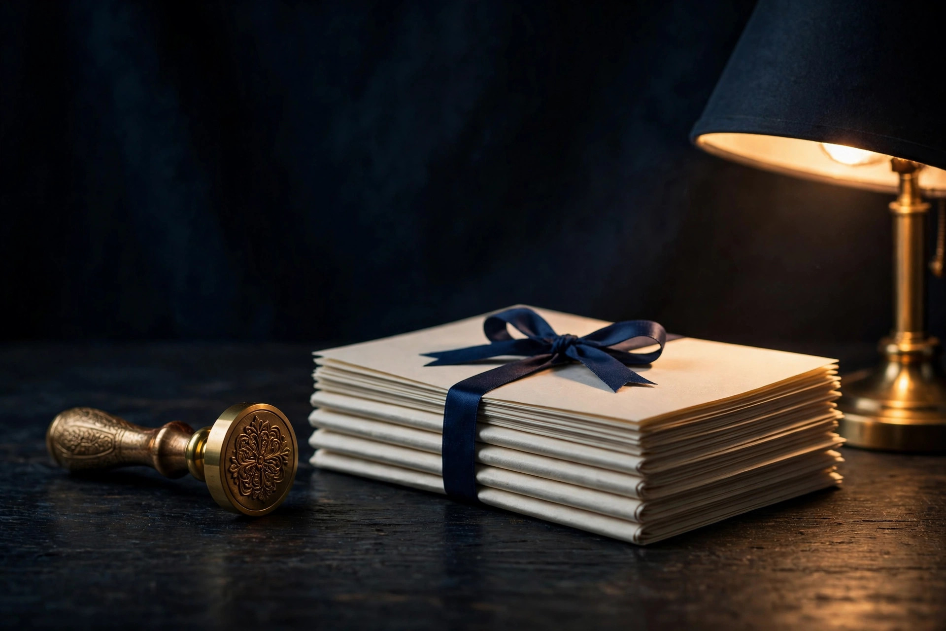 A seal stamp beside stacked certificates under lamplight
